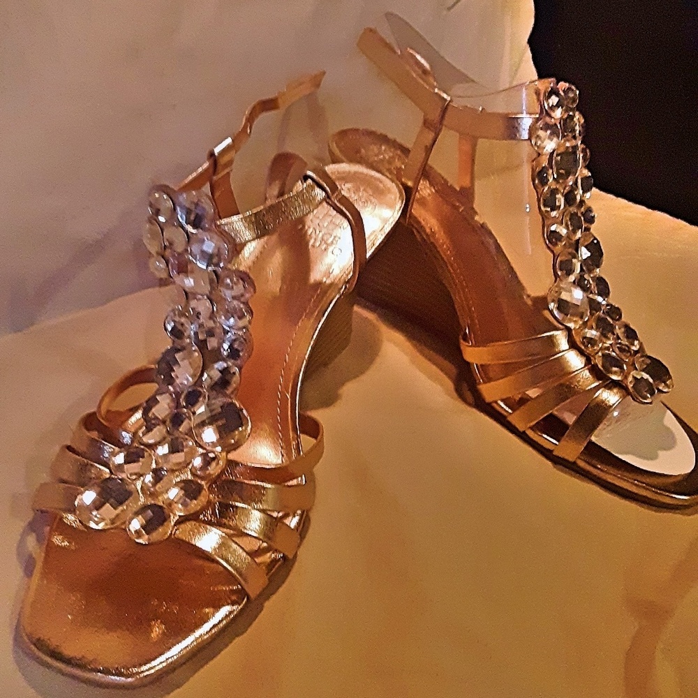 Vince Camuto Leather Rose Gold Jeweled Wedge Shoes